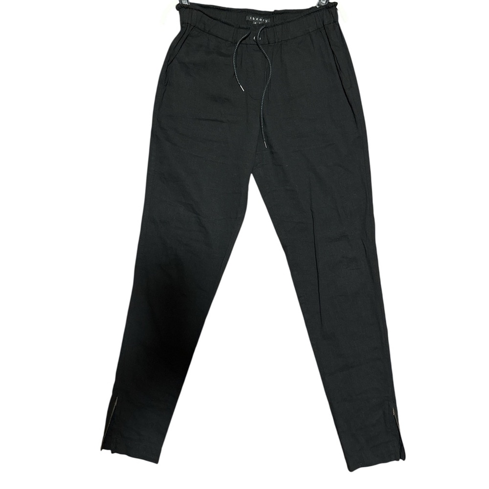 THEORY black pants with drawstring, button waist, pockets,  ankle zippers Size:S